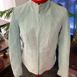 Wilson’s Leather Maxima powder blue moto jacket, size m, with zipper-pockets